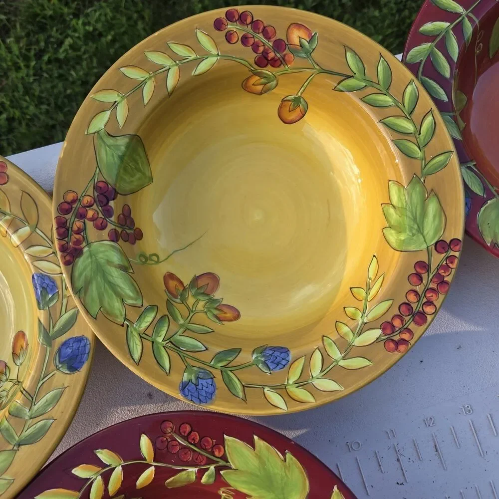 Gates Ware by Laurie Gates 4pc Ceramic Bowl Set Floral Yellow Burgundy Green